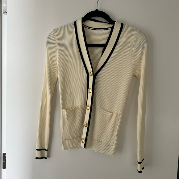 Cream Cardigan with Black Trim and Gold Buttons - Picture 3 of 3